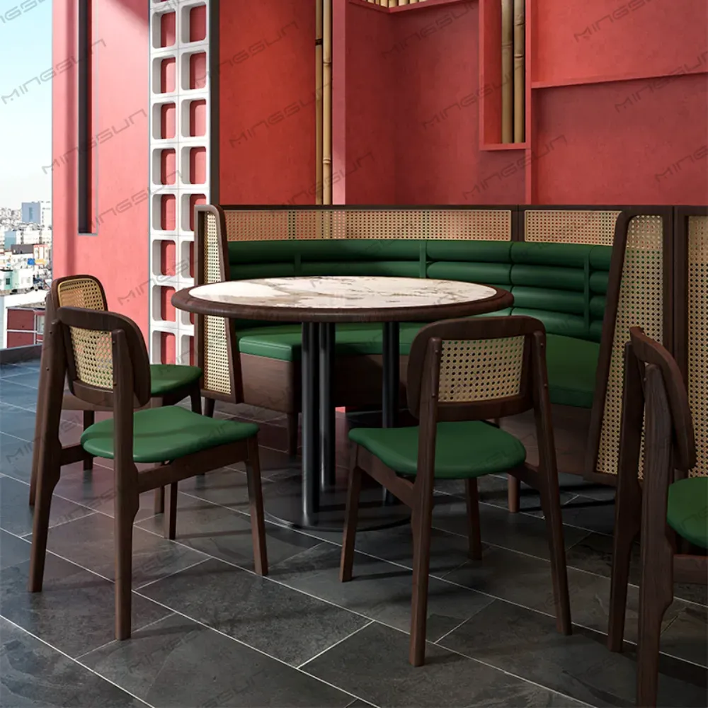 green-upholstered-booth-seating-with-rattan-panels-hotel-cafe - MINGSUN green-upholstered-booth-seating-with-rattan-panels-hotel-cafe - MINGSUN
