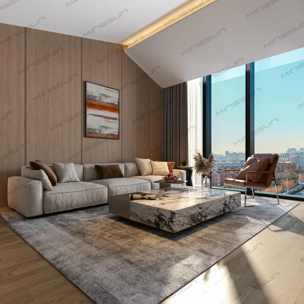 high-end-apartment-hotel-suite-design-wooden-wall-panels-sectional-sofa-marble-coffee-table - MINGSUN high-end-apartment-hotel-suite-design-wooden-wall-panels-sectional-sofa-marble-coffee-table - MINGSUN