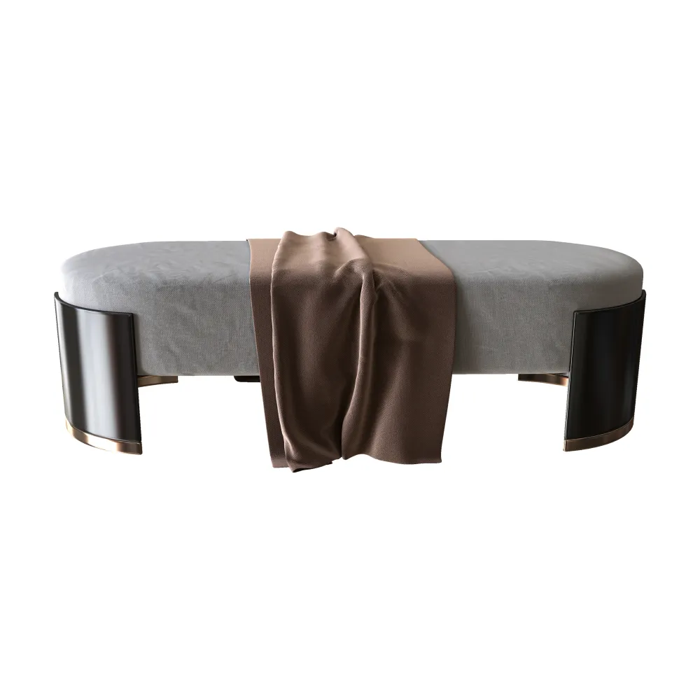 high-end-boutique-hotel-bed-bench-front-view-oval-upholstered-seat-dark-lacquer-legs-brass-trim-detail-contemporary-guestroom-seating - MINGSUN