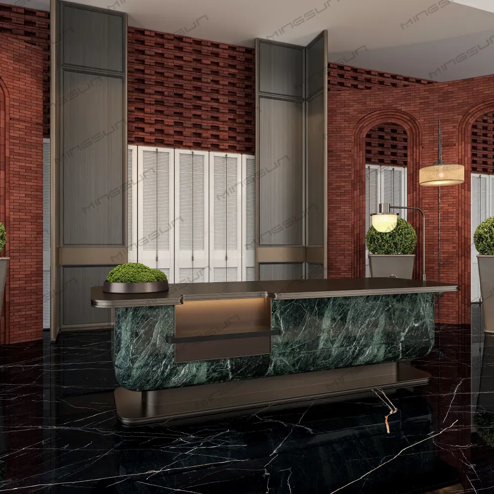 high end commercial reception counter featuring natural marble texture and integrated led lighting for apartment hotel lobby - MINGSUN high end commercial reception counter featuring natural marble texture and integrated led lighting for apartment hotel lobby - MINGSUN