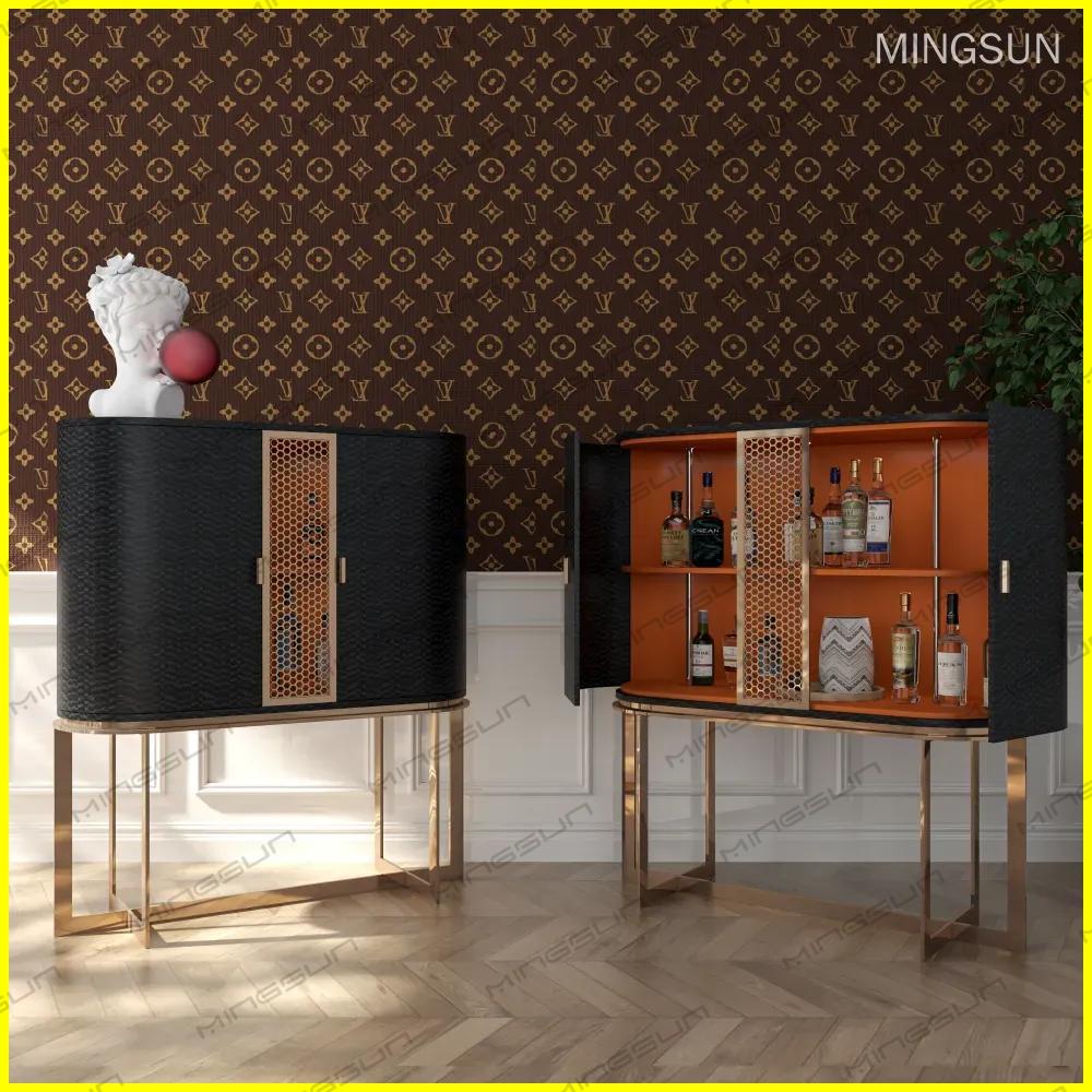 high-end-hotel-bar-cabinet-with-open-storage-showcasing-bottles-against-patterned-wall - MINGSUN