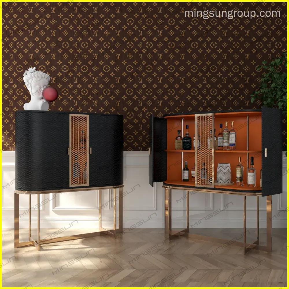 high-end-hotel-bar-cabinet-with-open-storage-showcasing-bottles-against-patterned-wall - MINGSUN