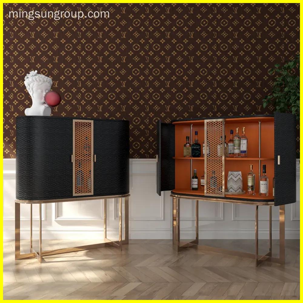 high-end-hotel-bar-cabinet-with-open-storage-showcasing-bottles-against-patterned-wall - MINGSUN