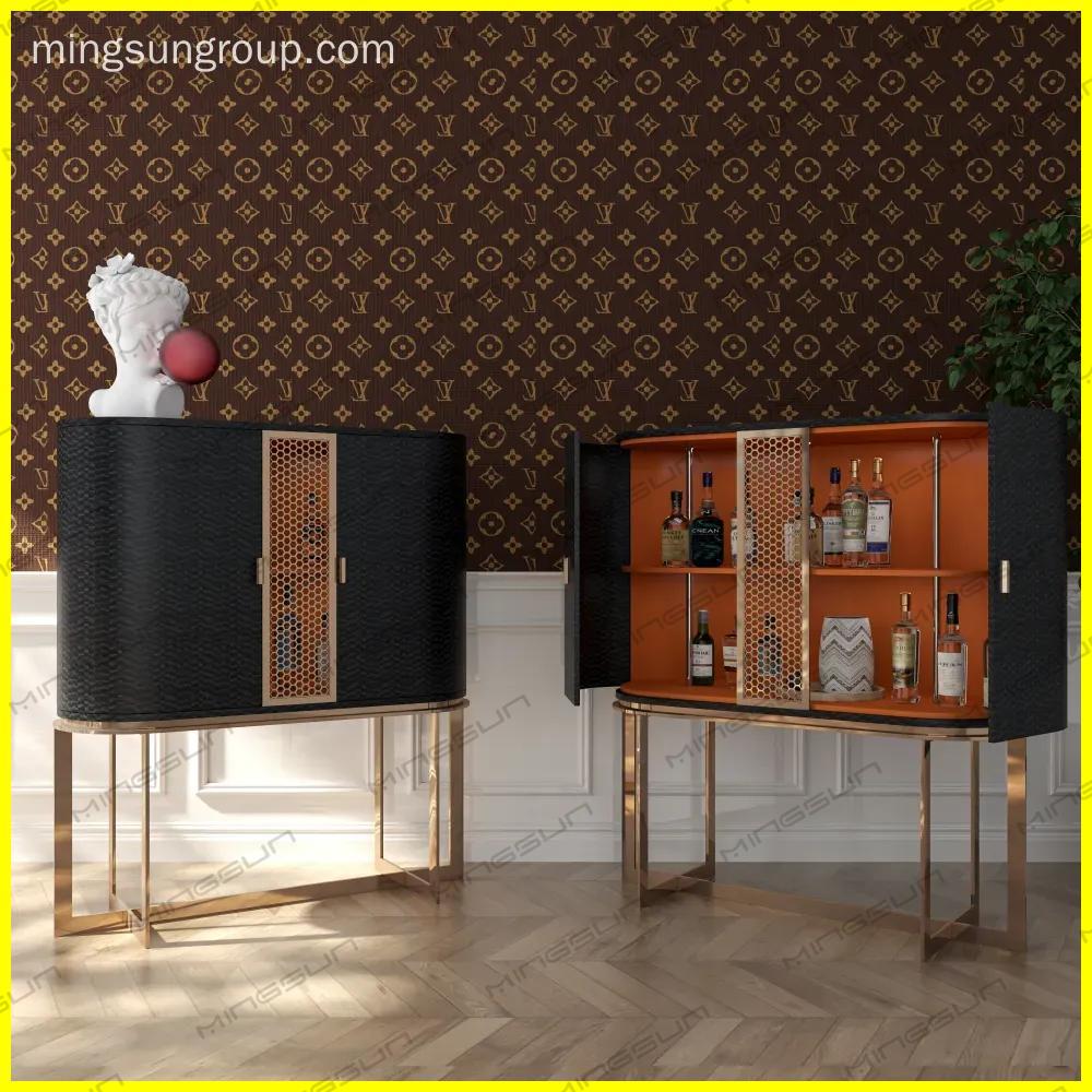 high-end-hotel-bar-cabinet-with-open-storage-showcasing-bottles-against-patterned-wall - MINGSUN