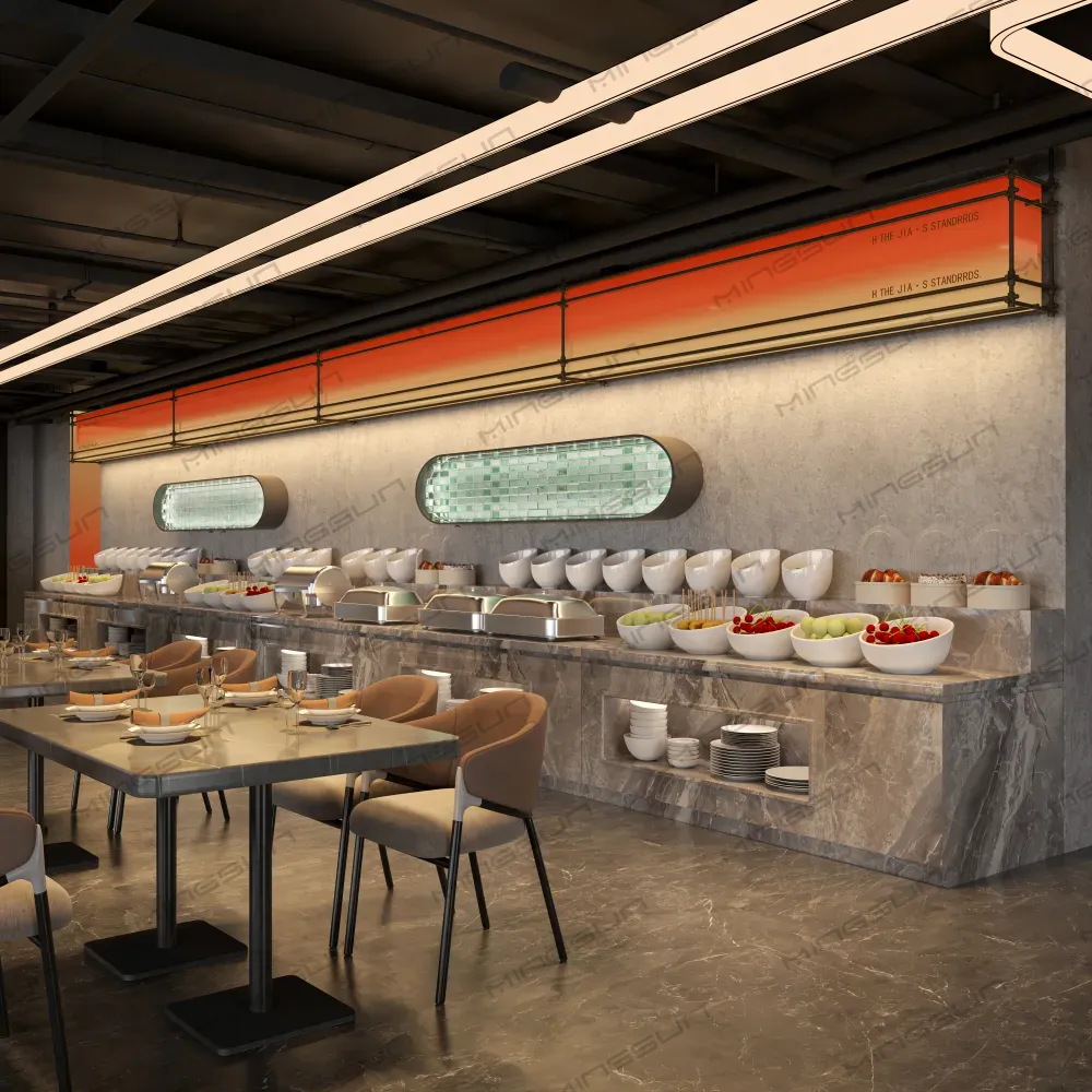 high-end-hotel-dining-space-featuring-long-marble-buffet-line-and-contemporary-furniture - MINGSUN