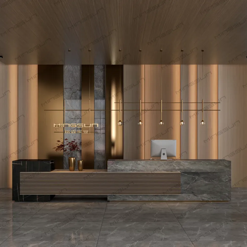 high-end-hotel-front-desk-in-minimalist-design-with-ambient-pendant-lights - MINGSUN
