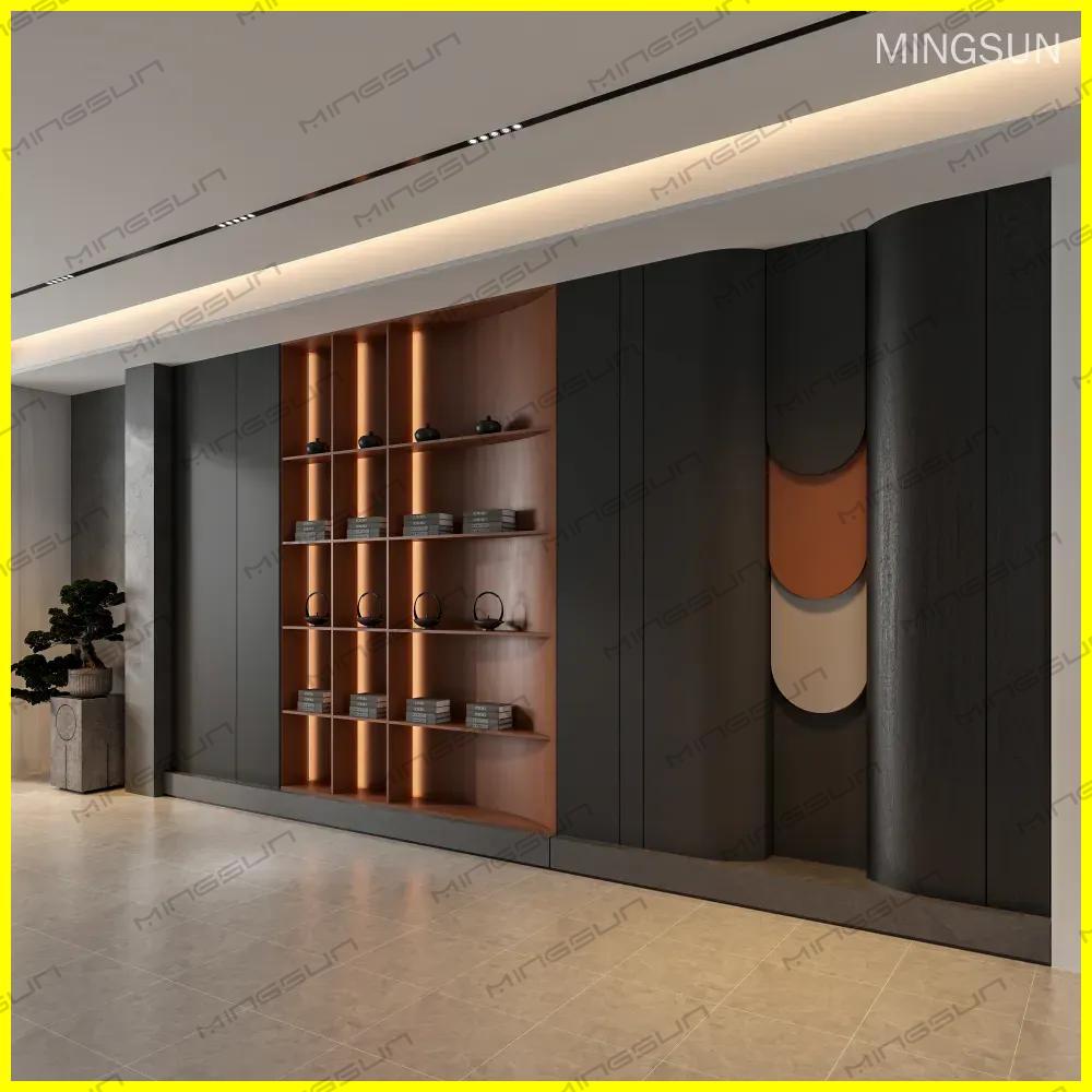 high-end-hotel-interior-feature-wall-with-architectural-shelving-system - MINGSUN
