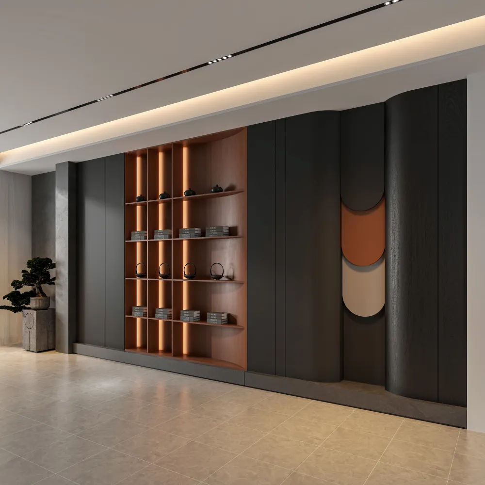 high-end-hotel-interior-feature-wall-with-architectural-shelving-system