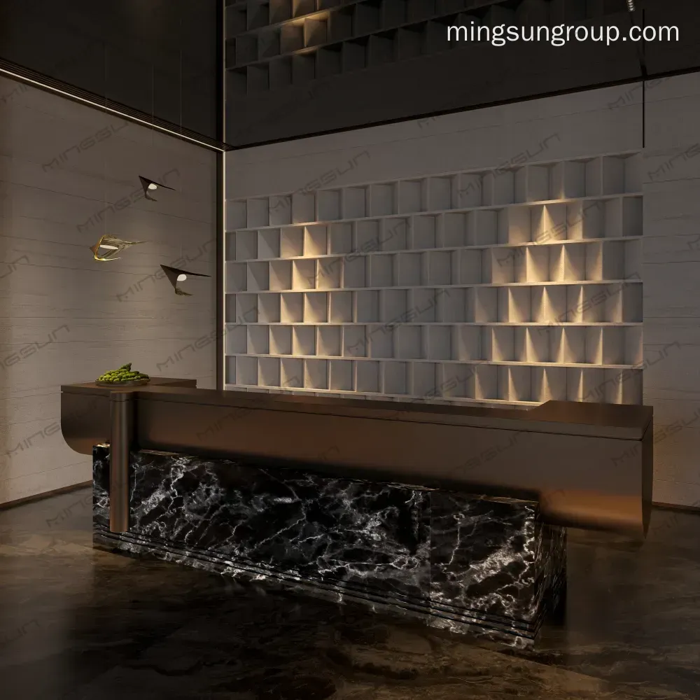 high-end-hotel-lobby-reception-desk-textured-wall-detail-lighting-feature-focus - MINGSUN