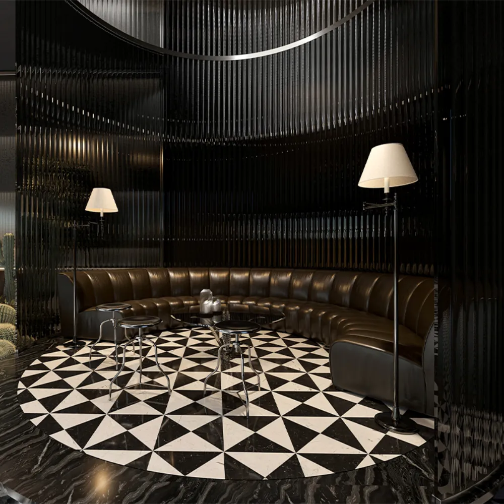 صالة فندقية فاخرة مع أريكة جلدية منحنية وأرضية هندسية باللونين الأسود والأبيض وإضاءة LED - MINGSUN
