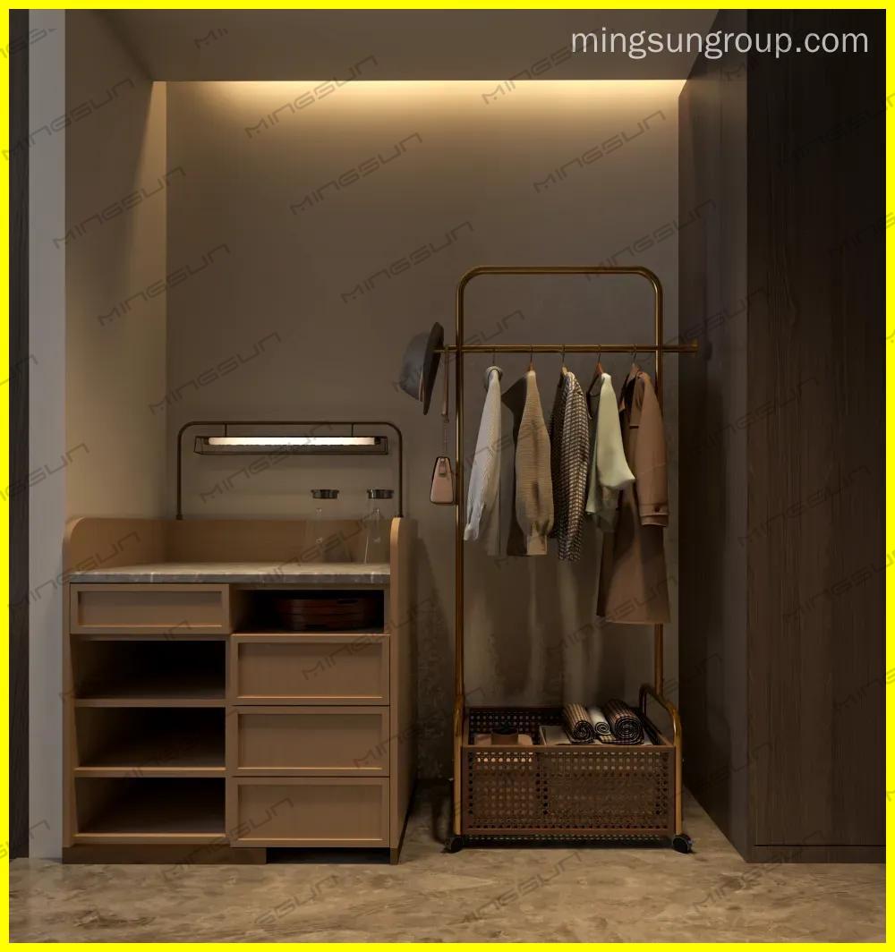 high-end-hotel-room-corner-with-minibar-unit-and-clothing-rack-for-optimized-space-design - MINGSUN