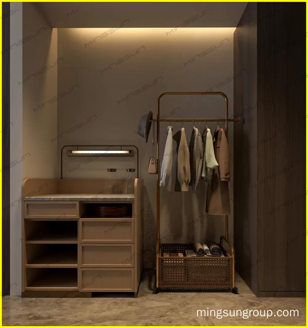 high-end-hotel-room-corner-with-minibar-unit-and-clothing-rack-for-optimized-space-design - MINGSUN