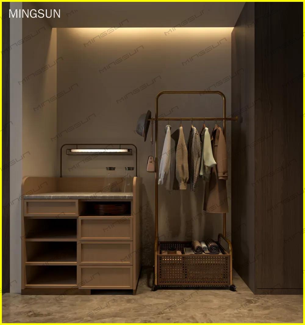 high-end-hotel-room-corner-with-minibar-unit-and-clothing-rack-for-optimized-space-design - MINGSUN