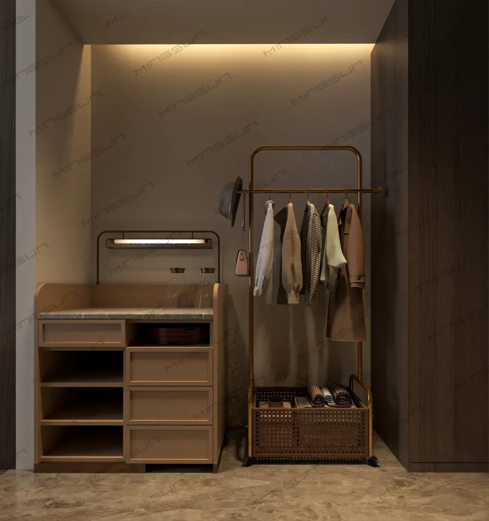 high-end-hotel-room-corner-with-minibar-unit-and-clothing-rack-for-optimized-space-design - MINGSUN high-end-hotel-room-corner-with-minibar-unit-and-clothing-rack-for-optimized-space-design - MINGSUN