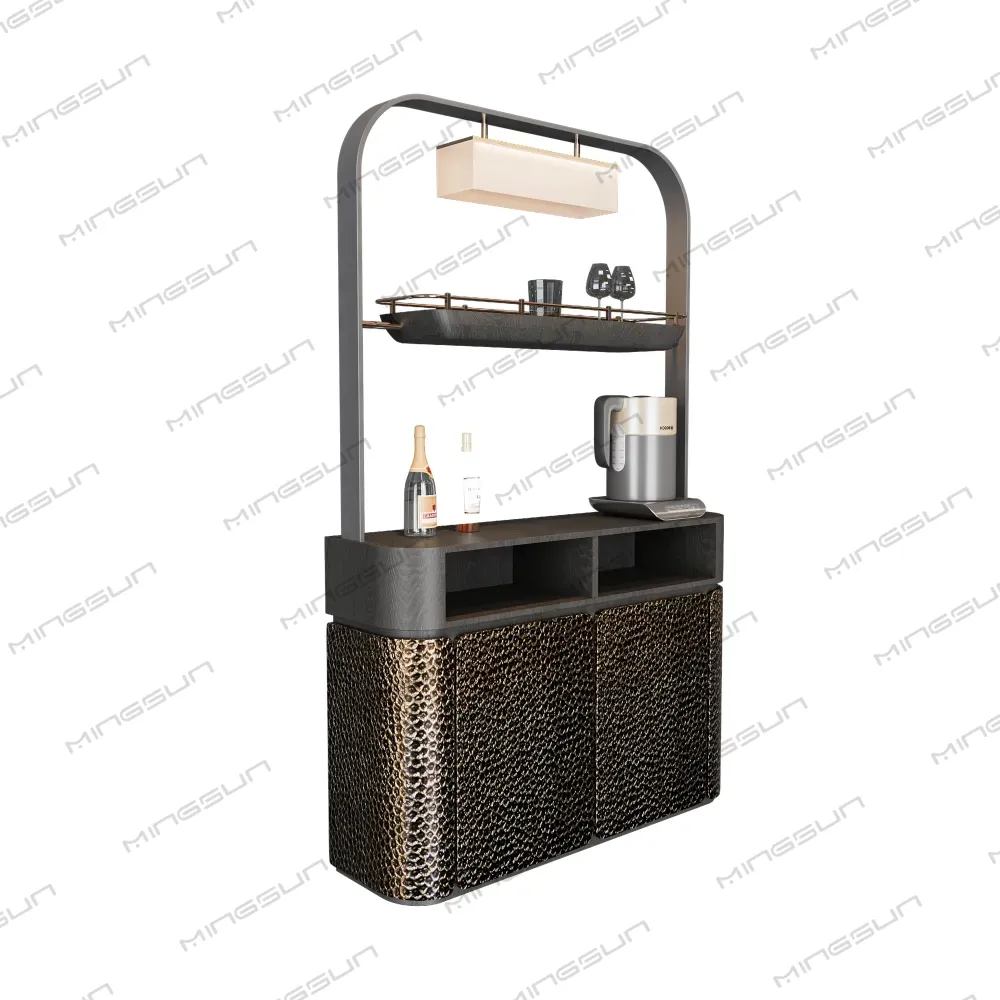 high-end-hotel-room-service-cabinet-with-textured-gold-finish-and-open-shelves - MINGSUN