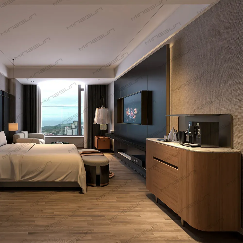high-end-hotel-suite-with-minibar-cabinet-placed-beside-tv-unit-for-guest-convenience - MINGSUN