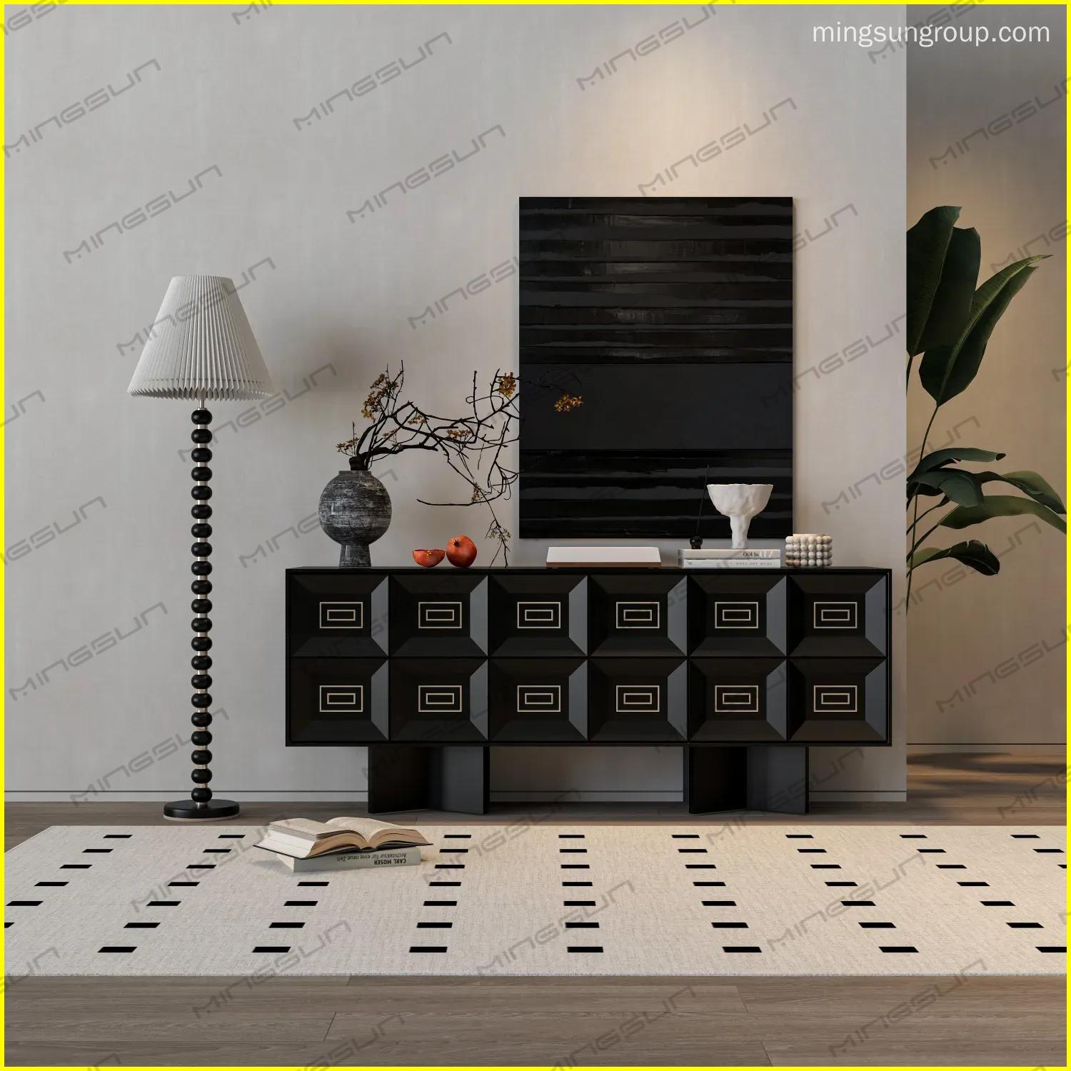 high-end-interior-black-sideboard-in-minimalist-hotel-suite-setting - MINGSUN