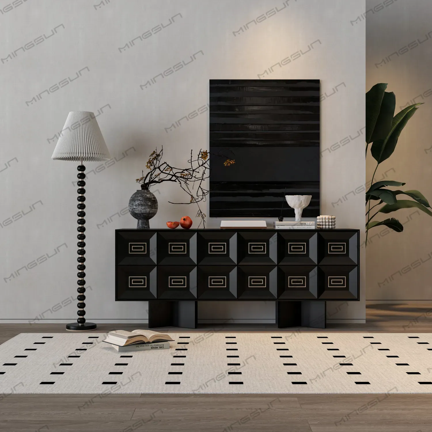 high-end-interior-black-sideboard-in-minimalist-hotel-suite-setting - MINGSUN high-end-interior-black-sideboard-in-minimalist-hotel-suite-setting - MINGSUN