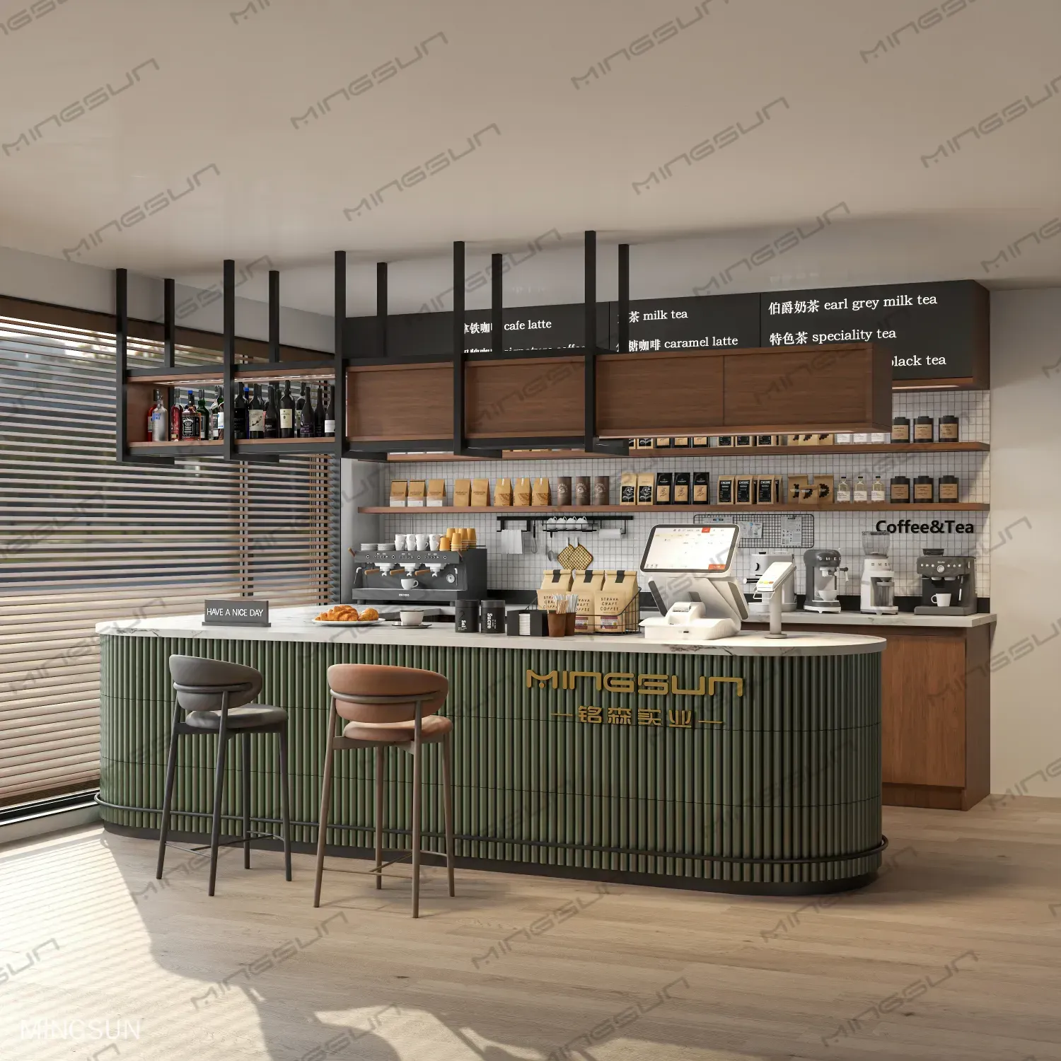 hotel-boutique-cafe-bar-with-wood-shelves-menu-board-and-stools - MINGSUN