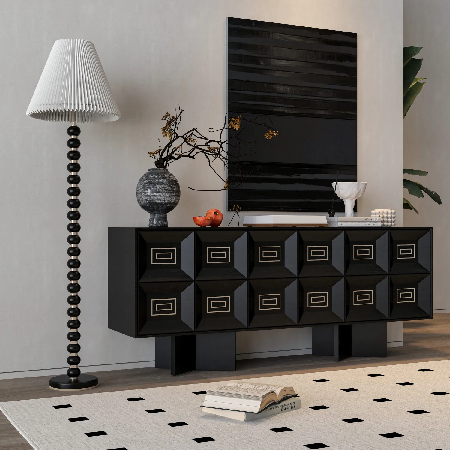 hotel-living-room-black-cabinet-with-art-deco-design-and-display-items