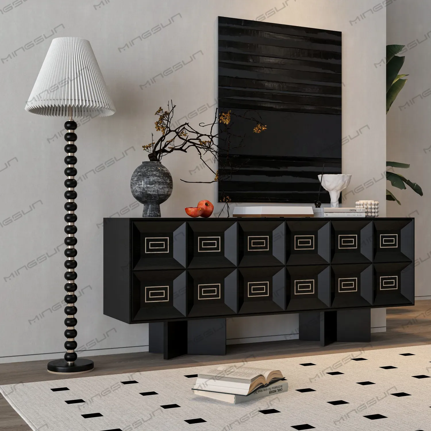 hotel-living-room-black-cabinet-with-art-deco-design-and-display-items - MINGSUN