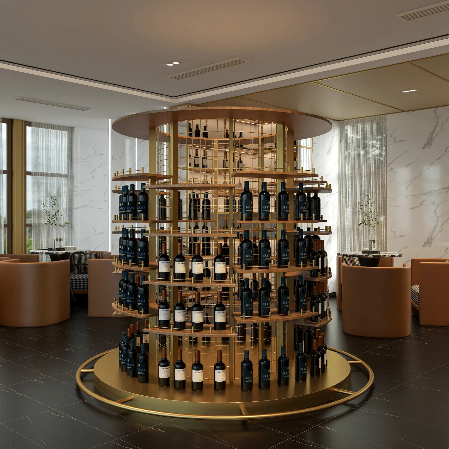 hotel-lobby-wine-display-unit-with-rotating-shelves-and-gold-finish