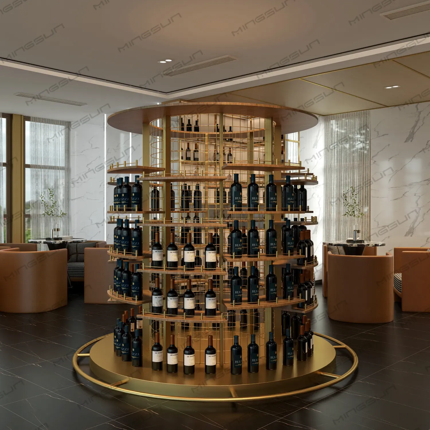 hotel-lobby-wine-display-unit-with-rotating-shelves-and-gold-finish - MINGSUN