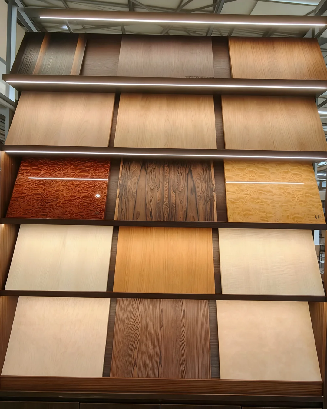 led-lit-showcase-of-wood-grain-laminate-panels-in-natural-and-rich-tones-for-hotel-interiors