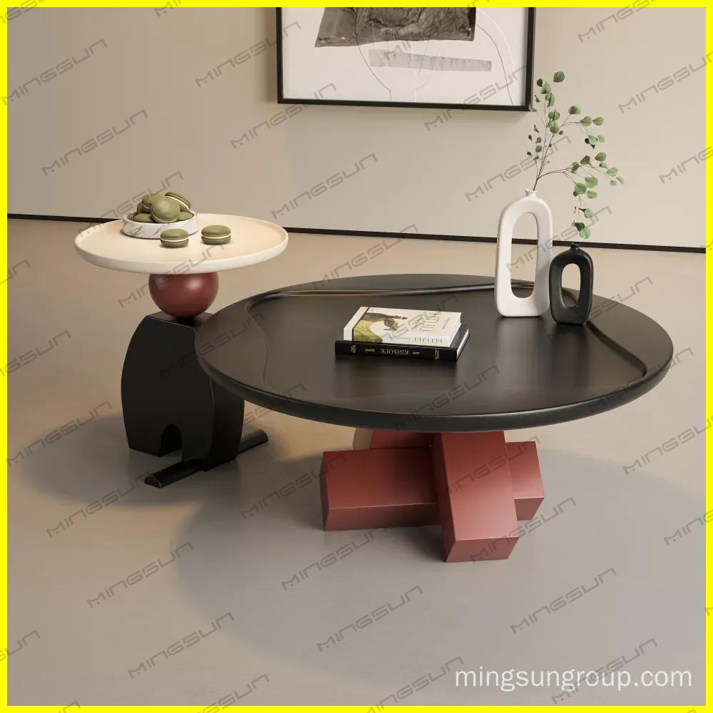 luxury-apartment-lounge-coffee-table-two-tier-black-red-modern-abstract-base-geometric-design-side-view-hospitality-furniture - MINGSUN