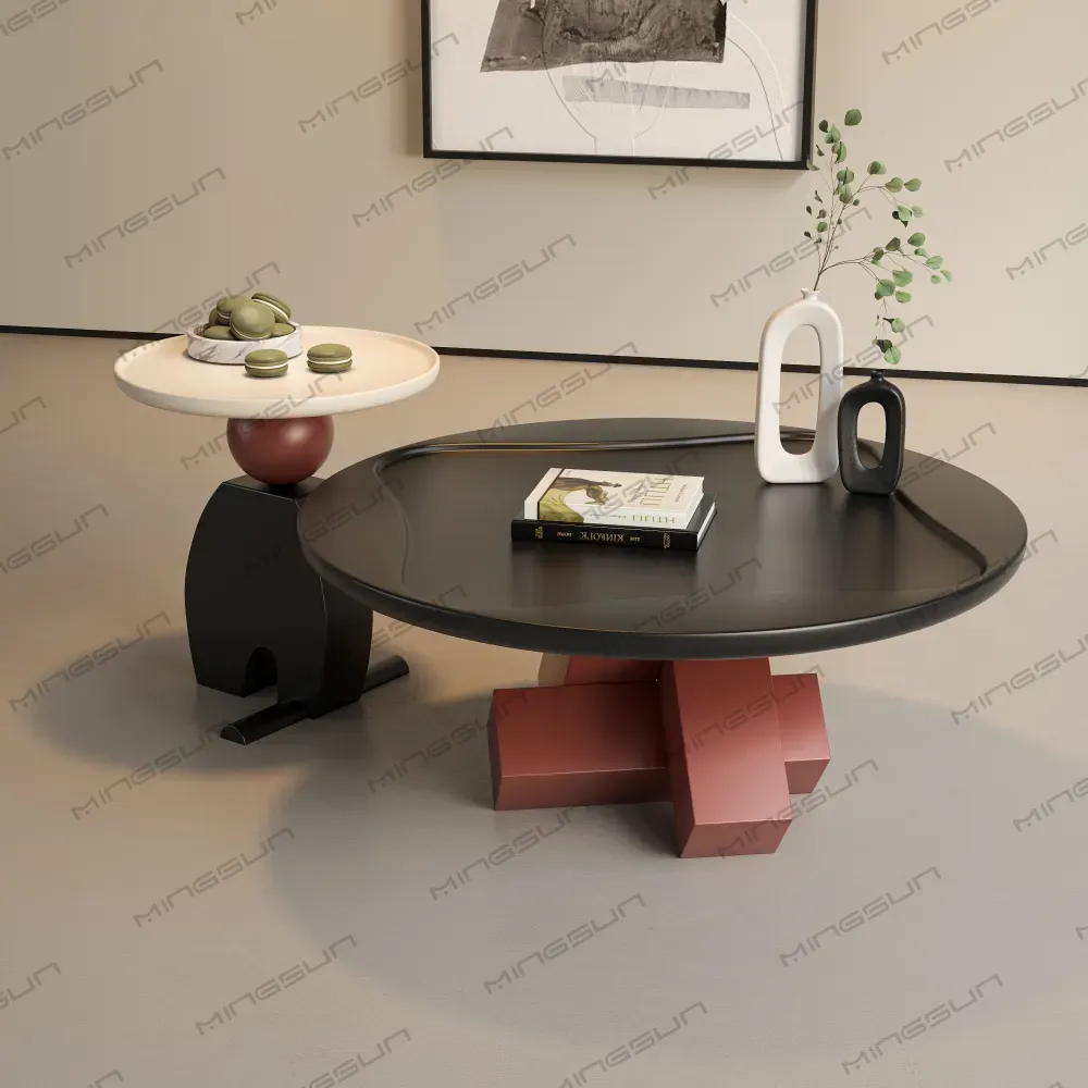 luxury-apartment-lounge-coffee-table-two-tier-black-red-modern-abstract-base-geometric-design-side-view-hospitality-furniture - MINGSUN luxury-apartment-lounge-coffee-table-two-tier-black-red-modern-abstract-base-geometric-design-side-view-hospitality-furniture - MINGSUN