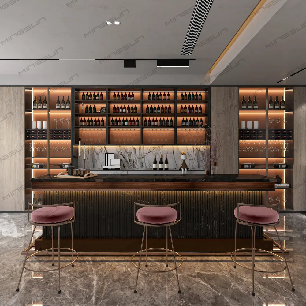 luxury-bar-counter-with-vertical-slats-and-symmetrical-wine-storage-for-resorts - MINGSUN