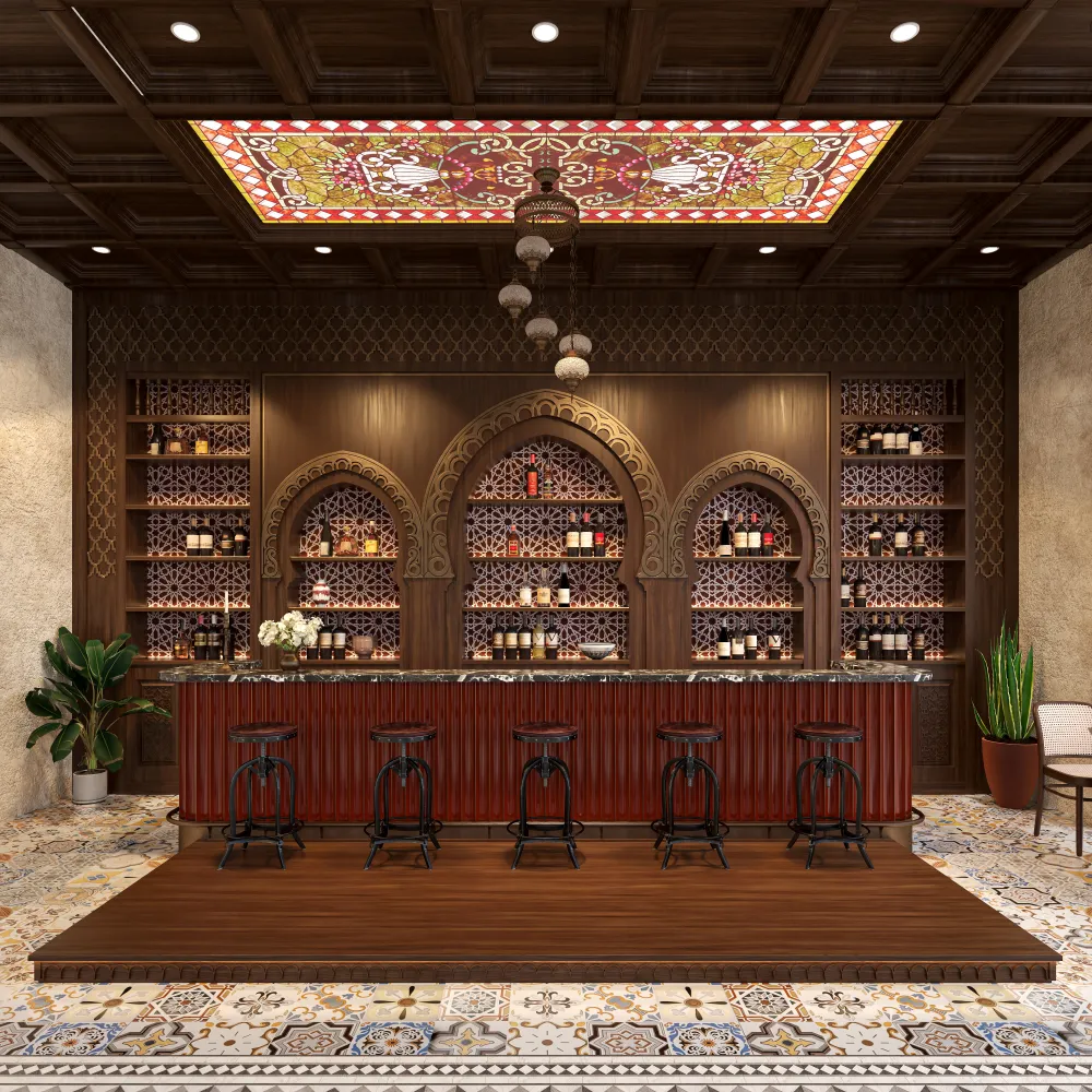 luxury bistro bar furniture set featuring middle eastern arch design wall cabinets and ornate tiled flooring for upscale clubs - MINGSUN