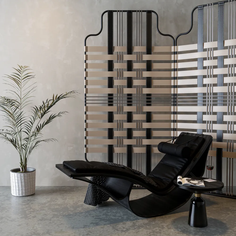 luxury-black-leather-lounge-chair-for-hotel-suites-and-premium-lobbies-with-woven-screen-backdrop - MINGSUN