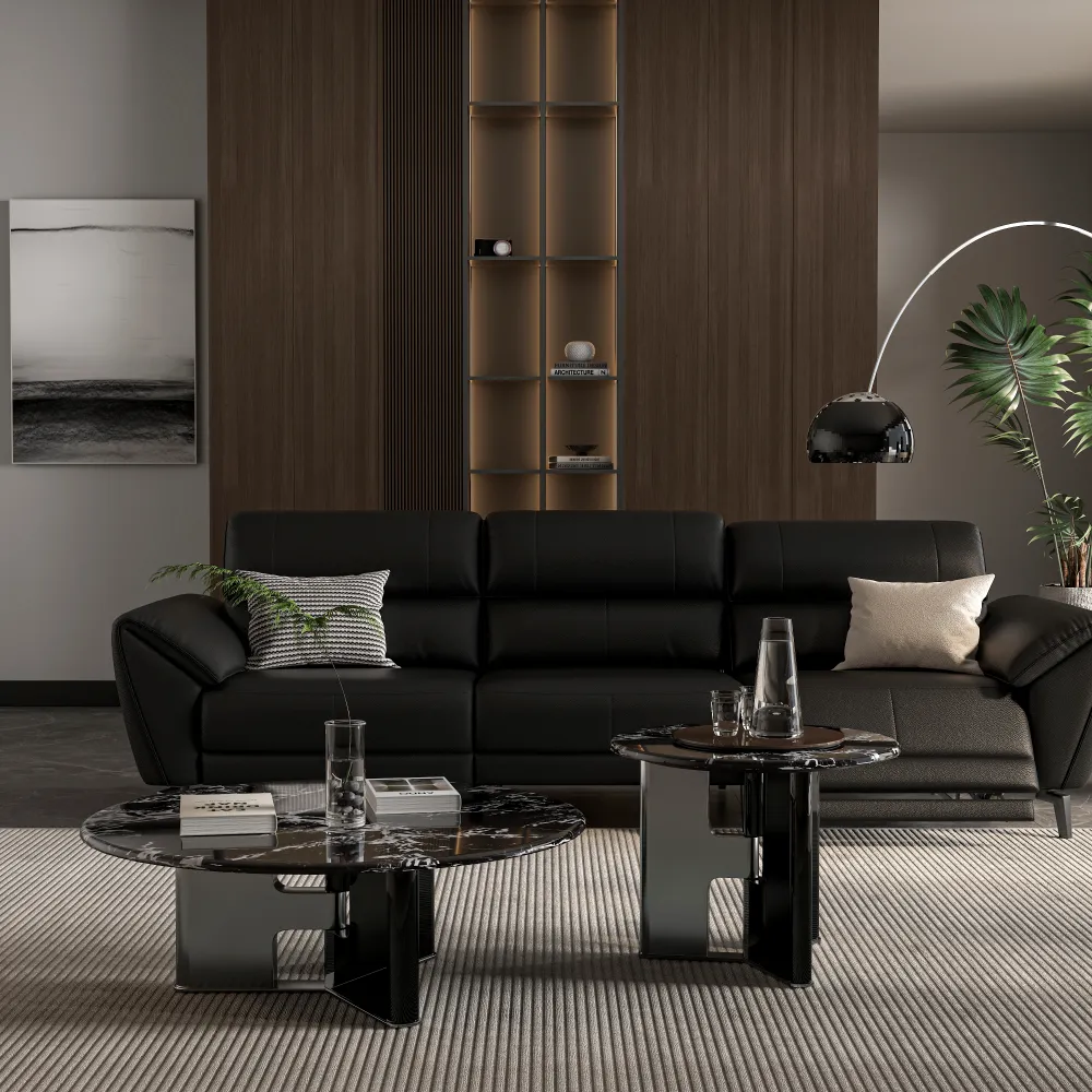 أريكة جلدية سوداء فاخرة مع طاولة قهوة رخامية في جناح فندقي - MINGSUN