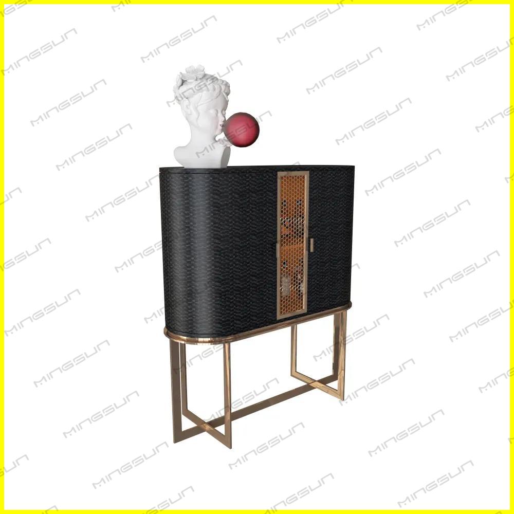 luxury-black-woven-bar-cabinet-with-gold-metal-legs-and-honeycomb-door-for-hotels - MINGSUN