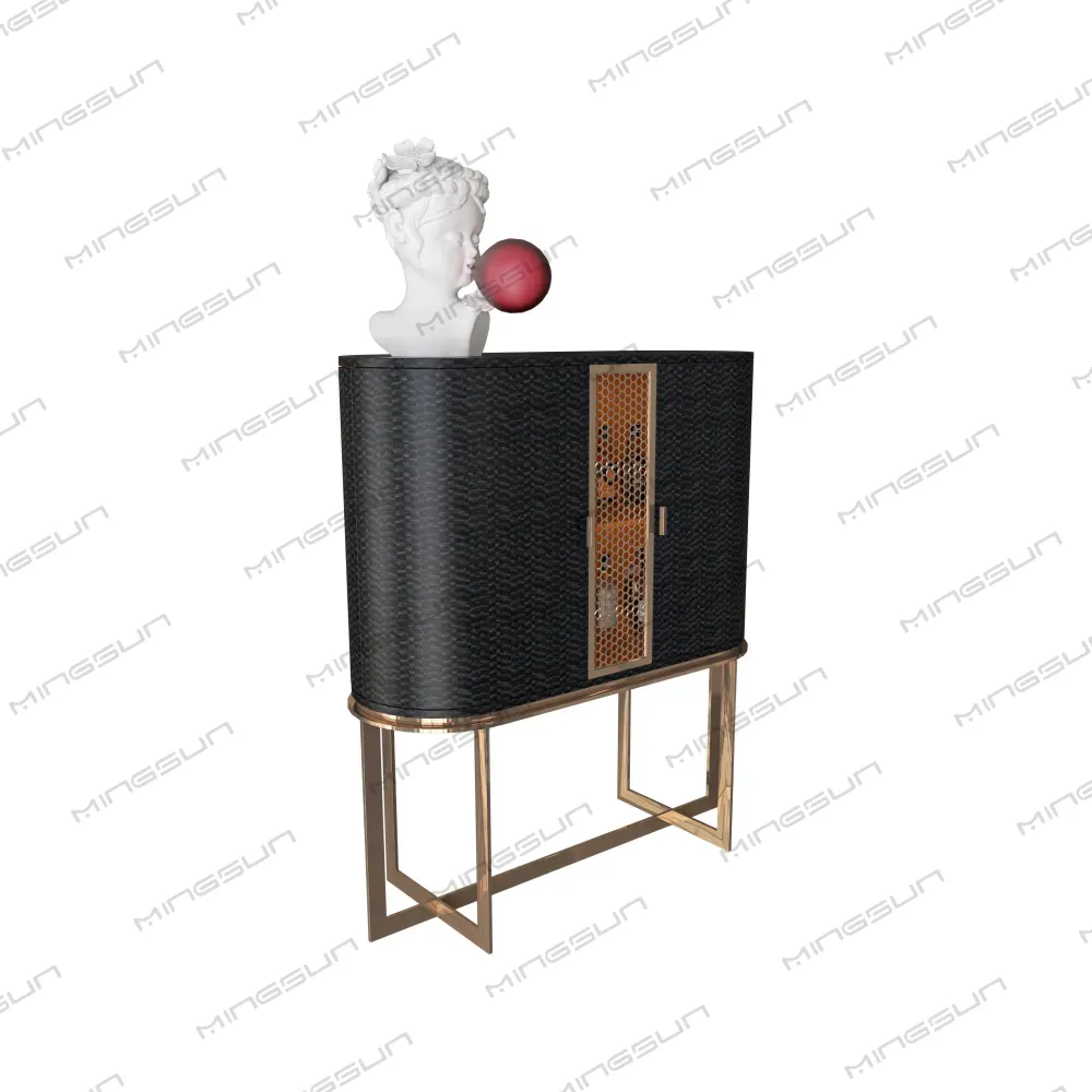 luxury-black-woven-bar-cabinet-with-gold-metal-legs-and-honeycomb-door-for-hotels - MINGSUN