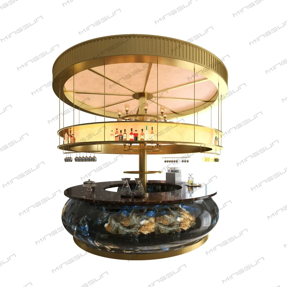 luxury-circular-bar-design-white-background-gold-frame-blue-agate-marble-countertop - MINGSUN luxury-circular-bar-design-white-background-gold-frame-blue-agate-marble-countertop - MINGSUN