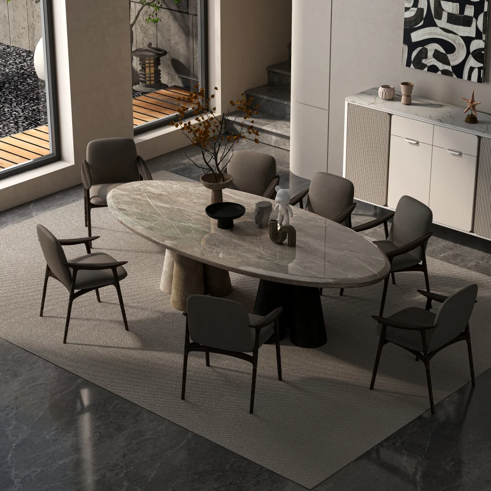 luxury-dining-room-set-with-oval-marble-table-grey-chairs-and-textured-rug-for-contemporary-homes - MINGSUN