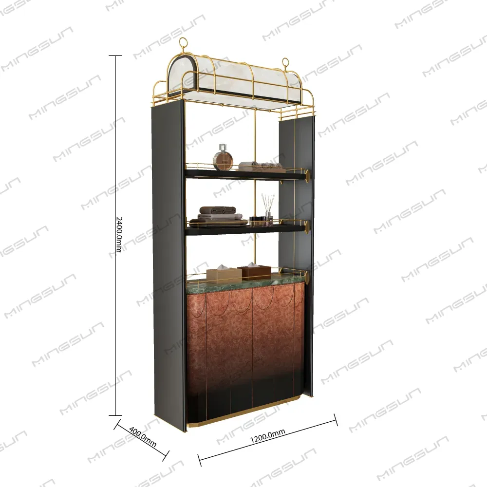 luxury display cabinet dimensions 1200x400x2400mm with gold accents and high end wood veneer for retail - MINGSUN