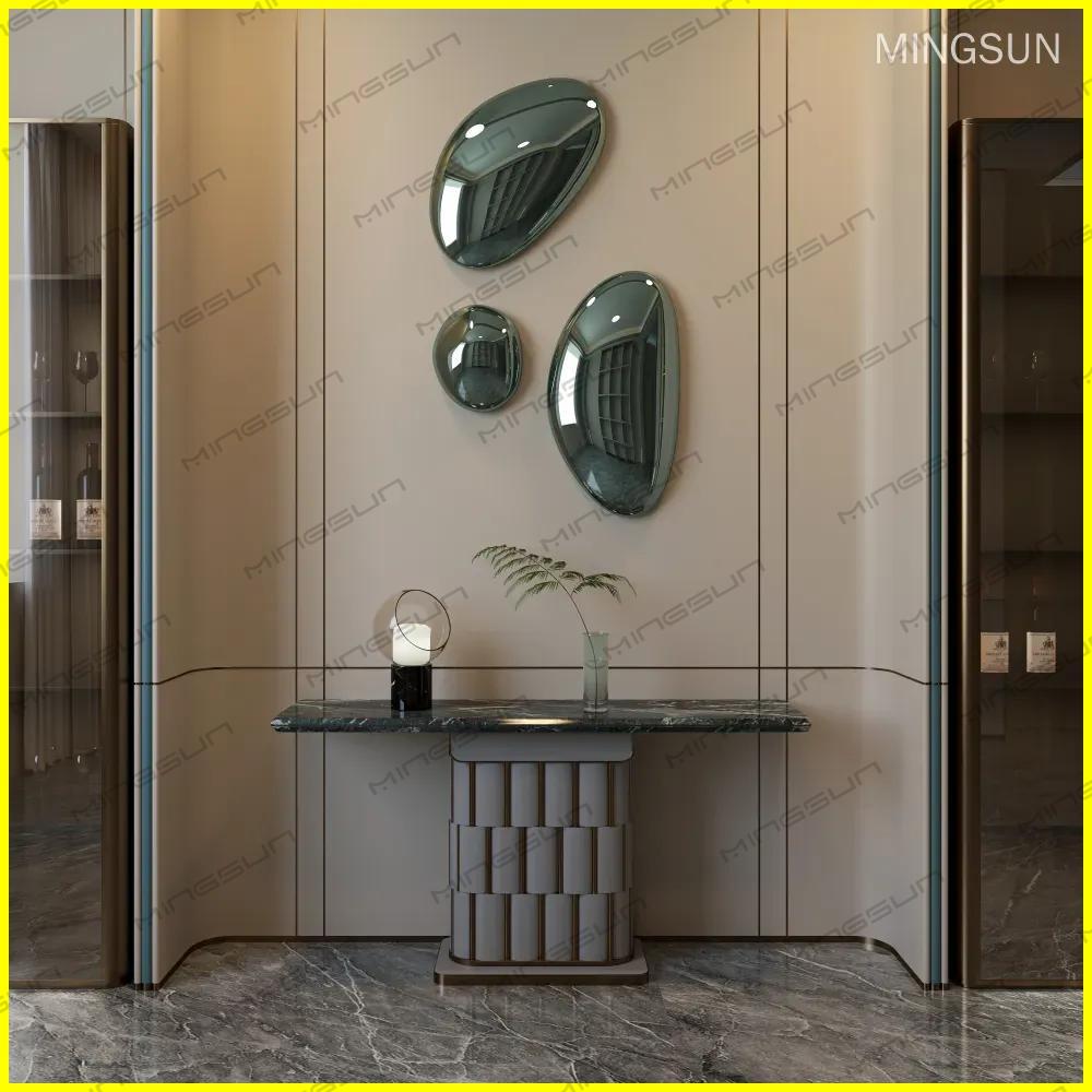 luxury emerald marble hallway table with unique geometric pedestal for hotel corridor - MINGSUN