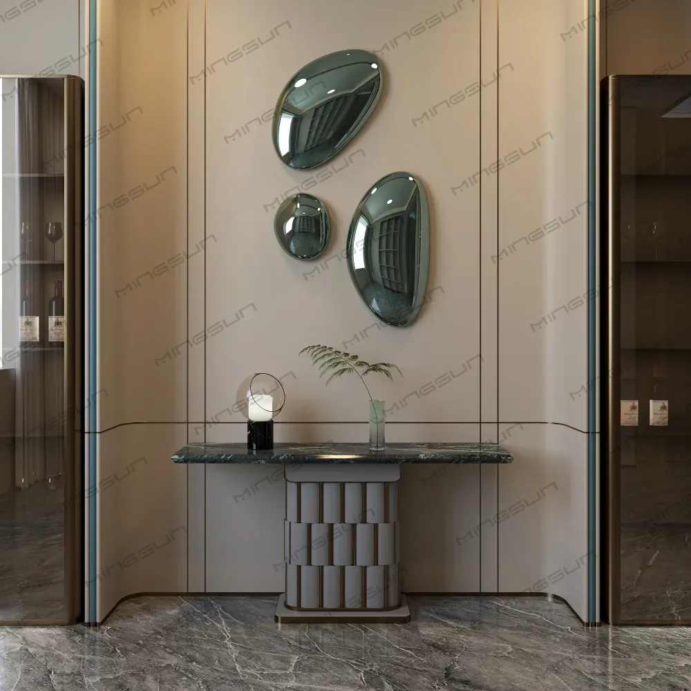 luxury emerald marble hallway table with unique geometric pedestal for hotel corridor - MINGSUN luxury emerald marble hallway table with unique geometric pedestal for hotel corridor - MINGSUN