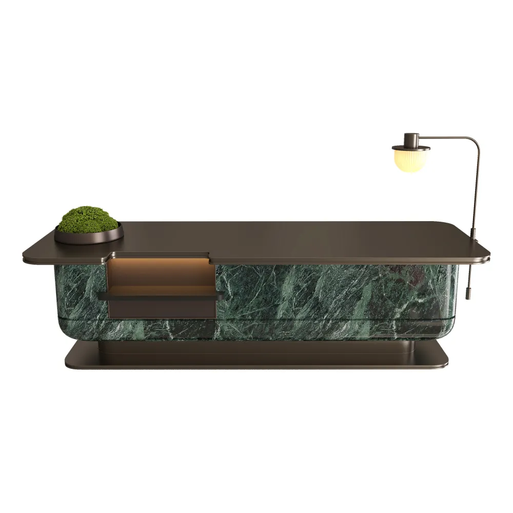 luxury front view of marble reception desk with built in storage and desk lamp for boutique hotel concierge area - MINGSUN