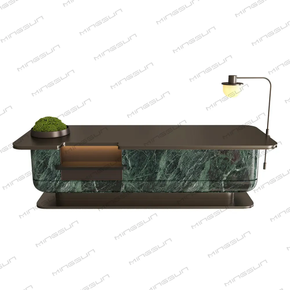 luxury front view of marble reception desk with built in storage and desk lamp for boutique hotel concierge area - MINGSUN luxury front view of marble reception desk with built in storage and desk lamp for boutique hotel concierge area - MINGSUN