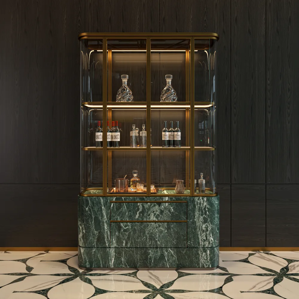 luxury gold wine cabinet with green marble base and led glass display for high end hotel lobby lounge - MINGSUN