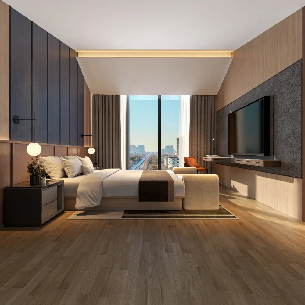 luxury-hotel-bedroom-with-beige-bench-and-city-view-window