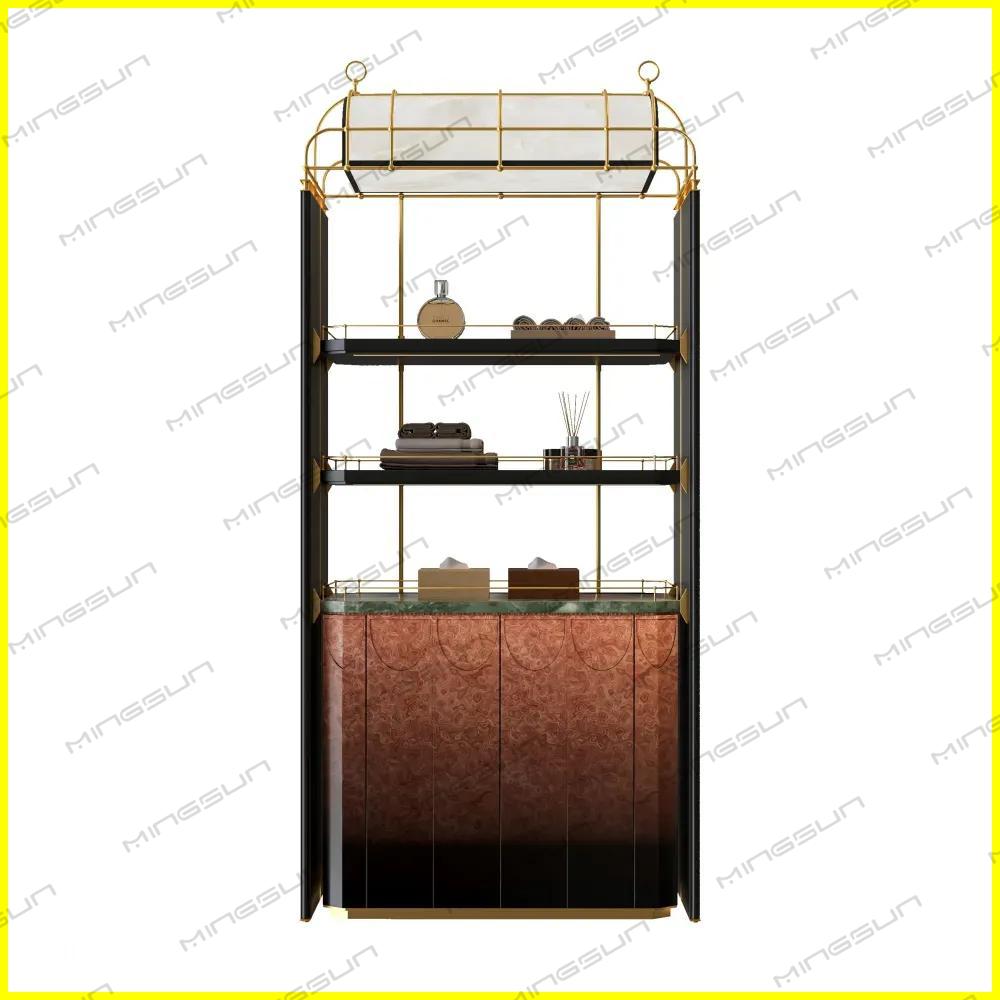 luxury hotel display shelf with burled wood cabinet and gold frame for upscale resort suite amenities - MINGSUN