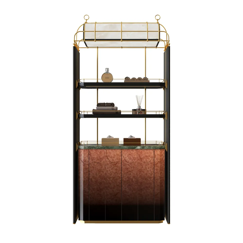 luxury hotel display shelf with burled wood cabinet and gold frame for upscale resort suite amenities - MINGSUN