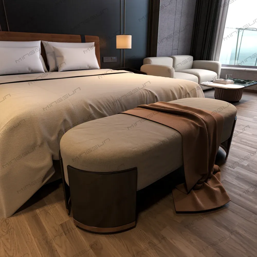 luxury-hotel-guest-room-foot-of-bed-bench-close-up-view-neutral-fabric-dark-espresso-frame-bedroom-decor-high-comfort-seating-solution - MINGSUN luxury-hotel-guest-room-foot-of-bed-bench-close-up-view-neutral-fabric-dark-espresso-frame-bedroom-decor-high-comfort-seating-solution - MINGSUN