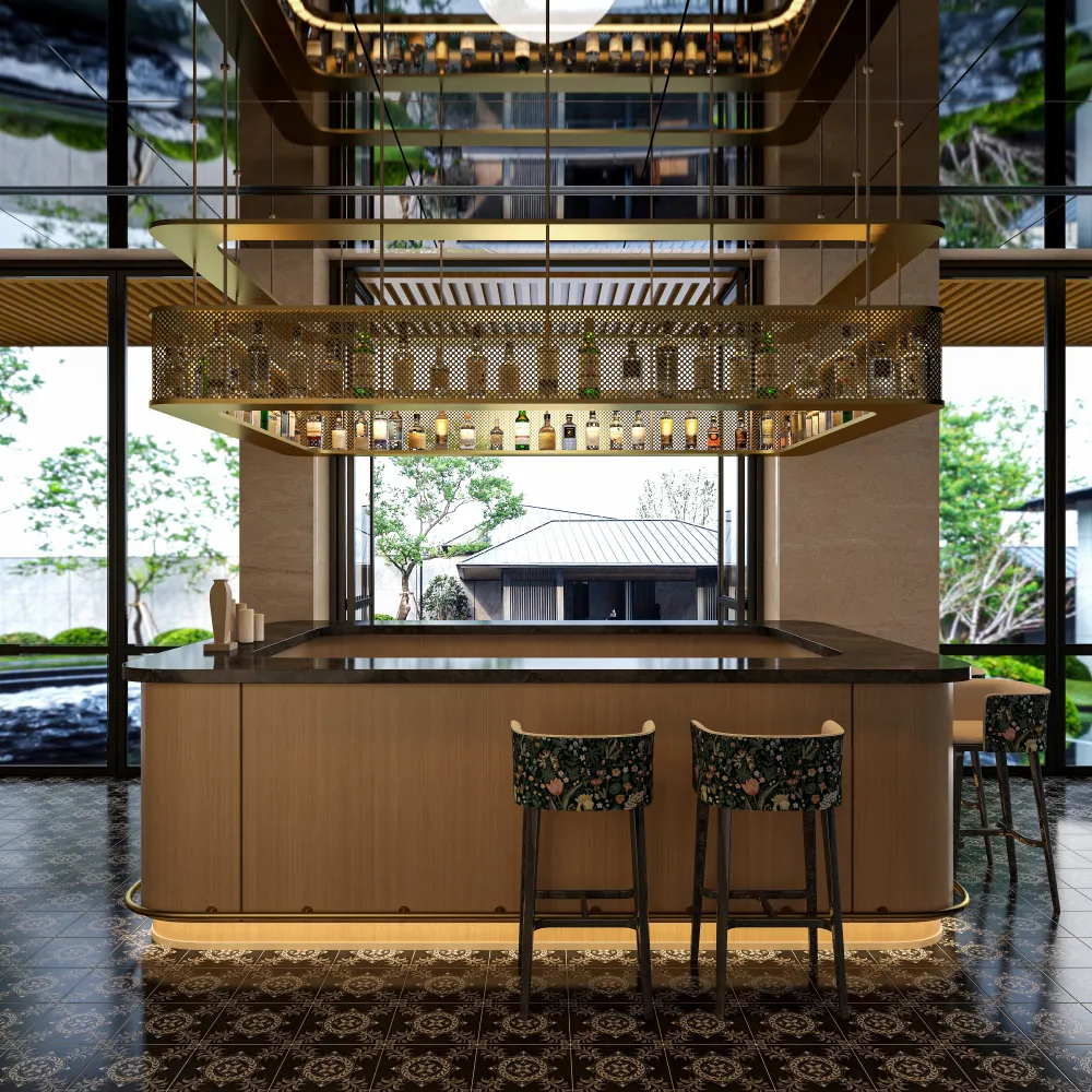 luxury-hotel-lobby-bar-counter-design-wood-finish-with-gold-metal-hanging-shelf-view-1 - MINGSUN
