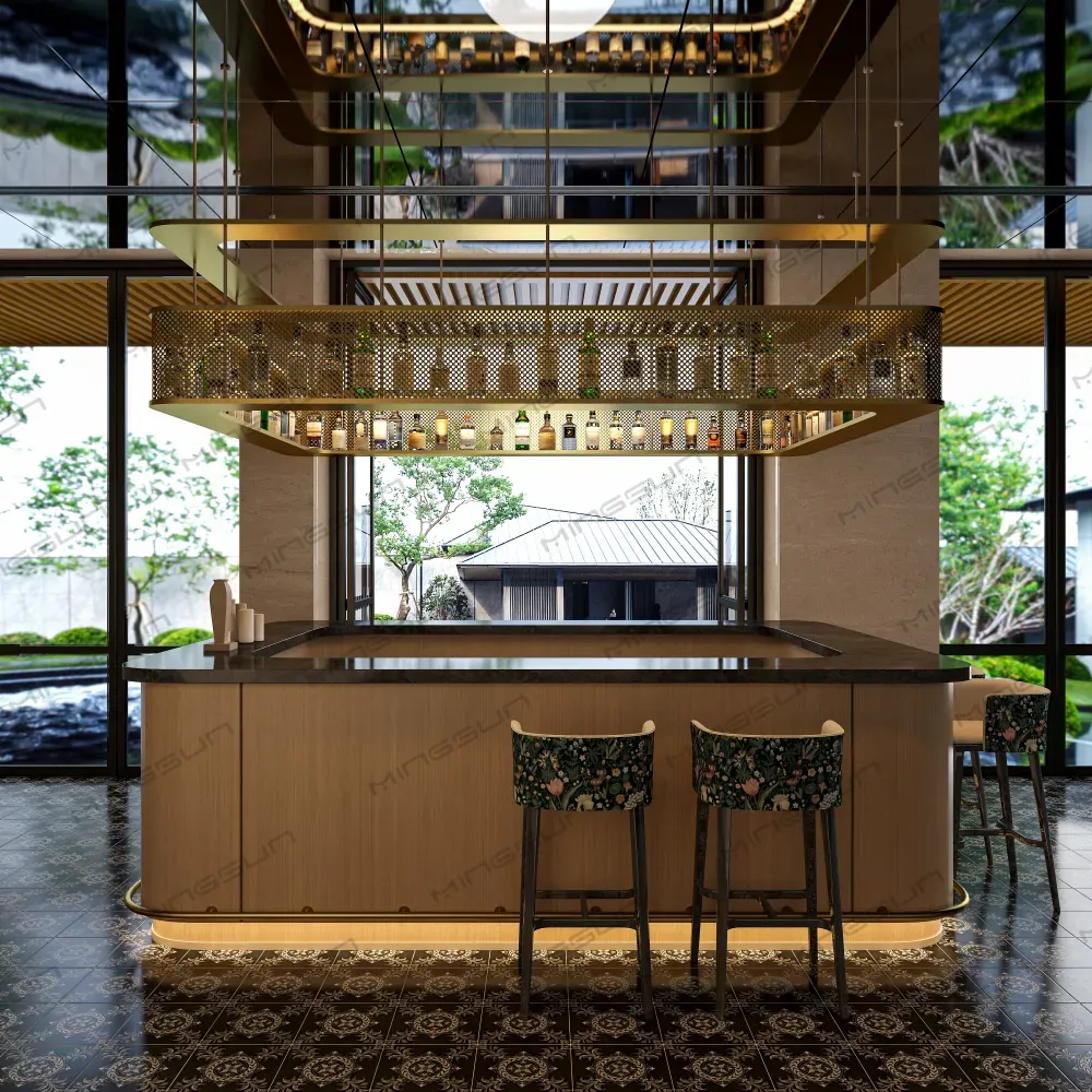 تصميم طاولة بار ردهة فندق فاخر بلمسة نهائية خشبية مع رف معلق معدني ذهبي - المنظر 1 - مينغسون تصميم طاولة بار ردهة فندق فاخر بلمسة نهائية خشبية مع رف معلق معدني ذهبي - المنظر 1 - مينغسون